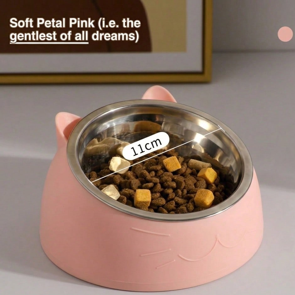 15° Detachable & Washable Cute Cat Design Stainless Steel Pet Cat Bowl With Tilted Neck Protection. Anti-Vomiting 15 Degree Inclined Cat Basin, Stable Base, Not Easy To Overturn, Pet Drinking Or Feeding Station, Cat Supplies, Cat Food Bowl, Cat Bowl Set