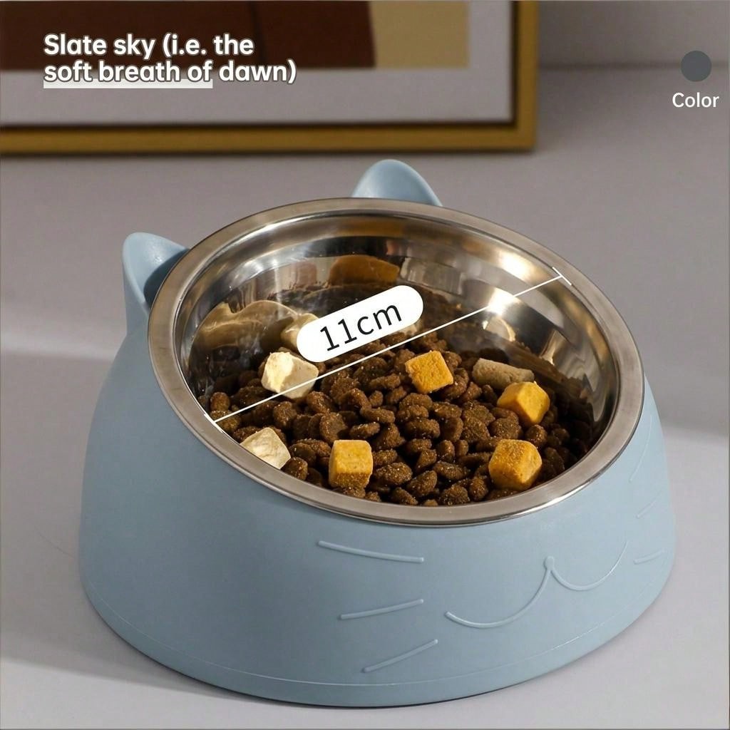 15° Detachable & Washable Cute Cat Design Stainless Steel Pet Cat Bowl With Tilted Neck Protection. Anti-Vomiting 15 Degree Inclined Cat Basin, Stable Base, Not Easy To Overturn, Pet Drinking Or Feeding Station, Cat Supplies, Cat Food Bowl, Cat Bowl Set