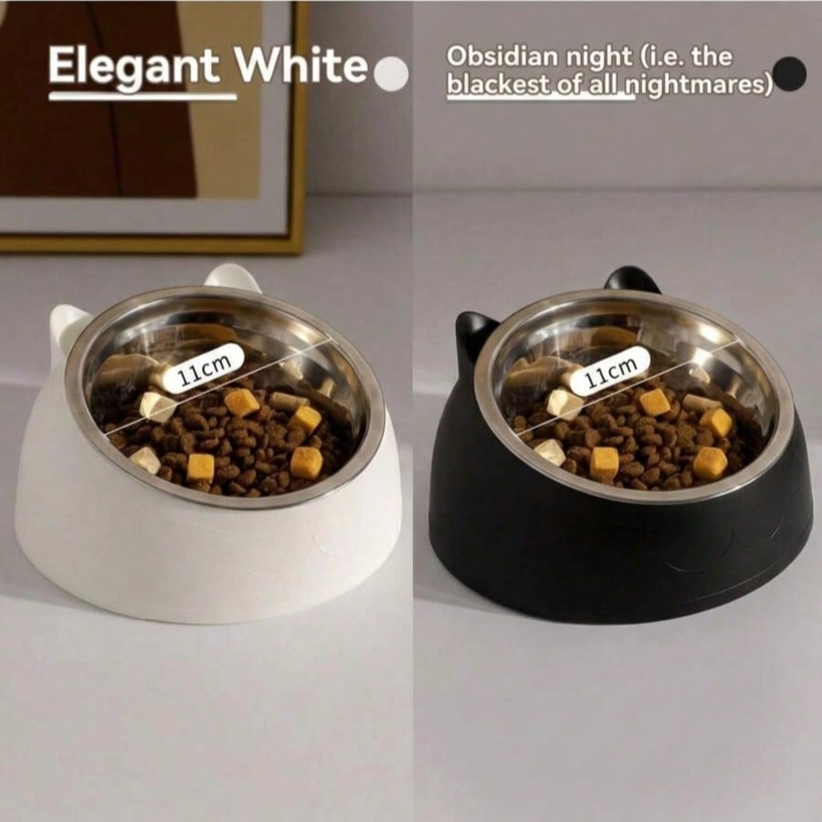 15° Detachable & Washable Cute Cat Design Stainless Steel Pet Cat Bowl With Tilted Neck Protection. Anti-Vomiting 15 Degree Inclined Cat Basin, Stable Base, Not Easy To Overturn, Pet Drinking Or Feeding Station, Cat Supplies, Cat Food Bowl, Cat Bowl Set