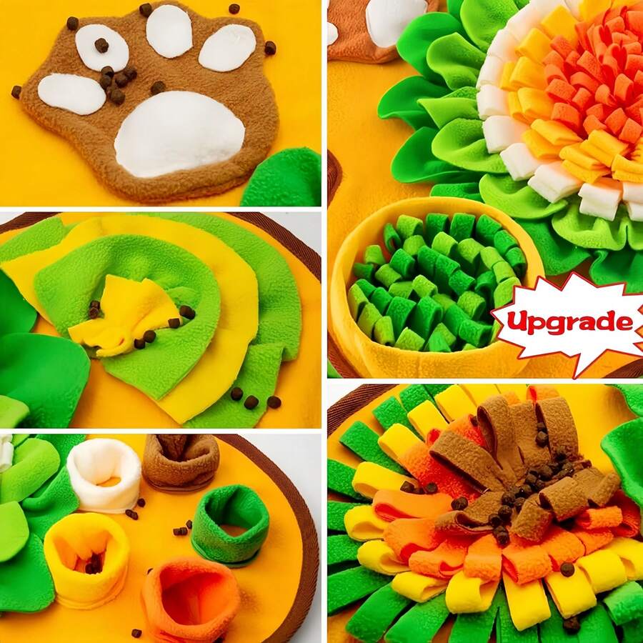Yellow flower-shaped pet snuffle mat and slow feeder scent training pad for dogs and cats with fruit and vegetable print.
