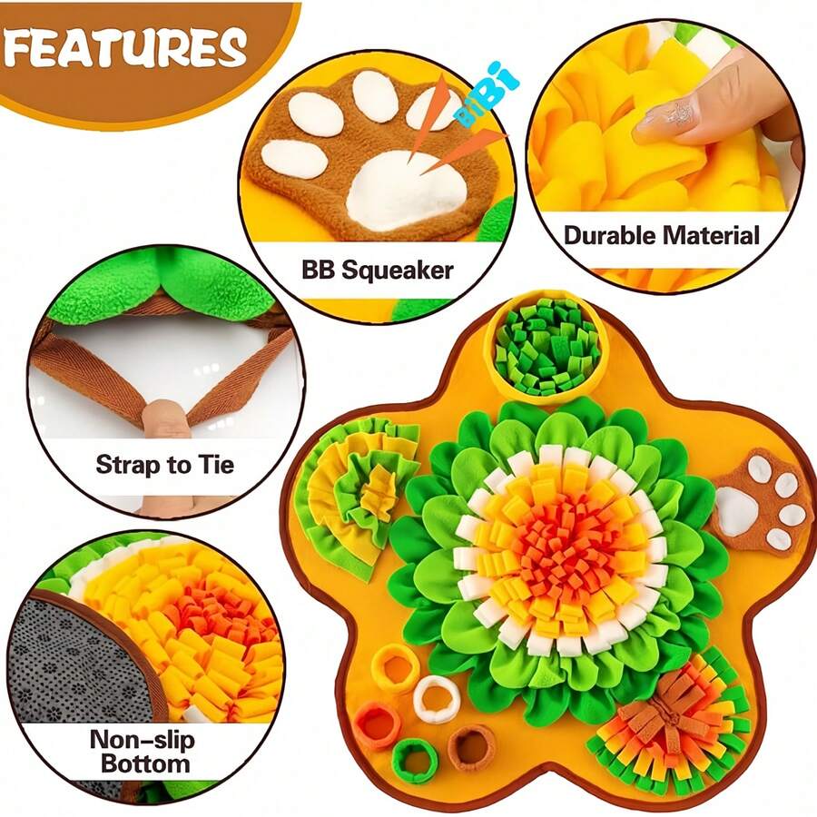 Yellow flower-shaped pet snuffle mat and slow feeder scent training pad for dogs and cats with fruit and vegetable print.