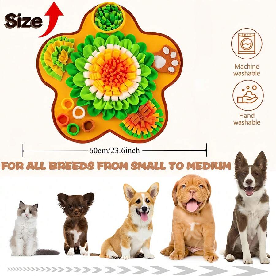 Yellow flower-shaped pet snuffle mat and slow feeder scent training pad for dogs and cats with fruit and vegetable print.