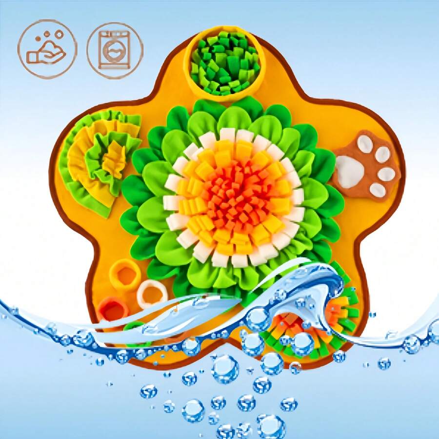 Yellow flower-shaped pet snuffle mat and slow feeder scent training pad for dogs and cats with fruit and vegetable print.