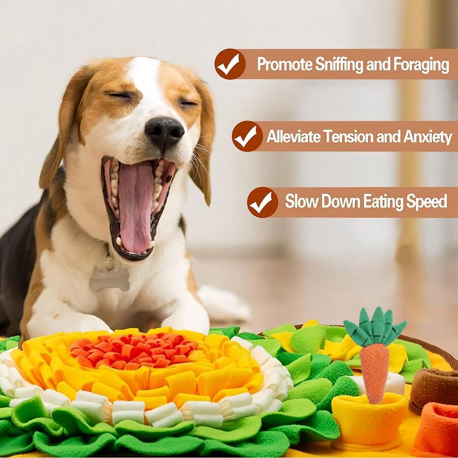 Yellow flower-shaped pet snuffle mat and slow feeder scent training pad for dogs and cats with fruit and vegetable print.