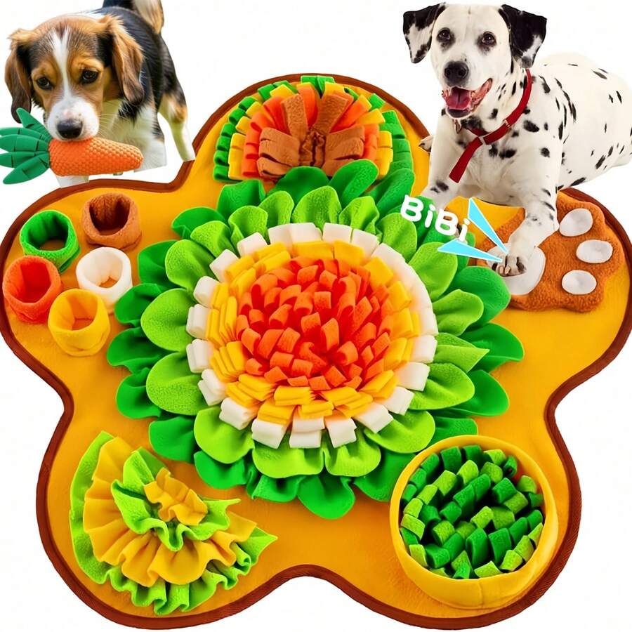 Yellow flower-shaped pet snuffle mat and slow feeder scent training pad for dogs and cats with fruit and vegetable print.