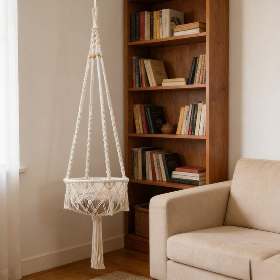 Beige handwoven macrame cat hammock featuring a geometric fiber art pattern hanging as a wall mounted swing bed for cats.