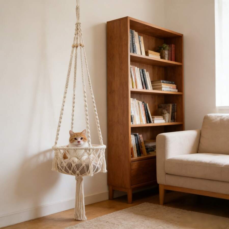 Beige handwoven macrame cat hammock featuring a geometric fiber art pattern hanging as a wall mounted swing bed for cats.