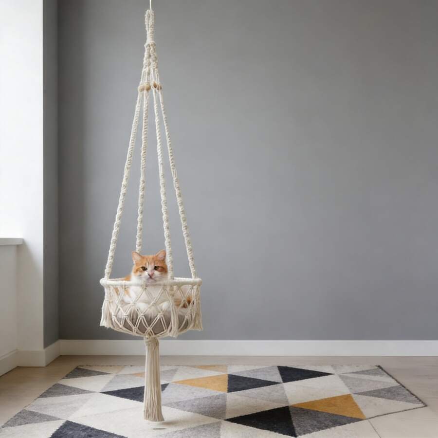 Beige handwoven macrame cat hammock featuring a geometric fiber art pattern hanging as a wall mounted swing bed for cats.