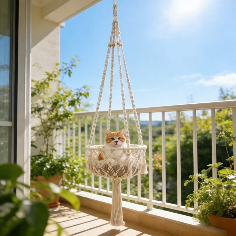 Beige handwoven macrame cat hammock featuring a geometric fiber art pattern hanging as a wall mounted swing bed for cats.