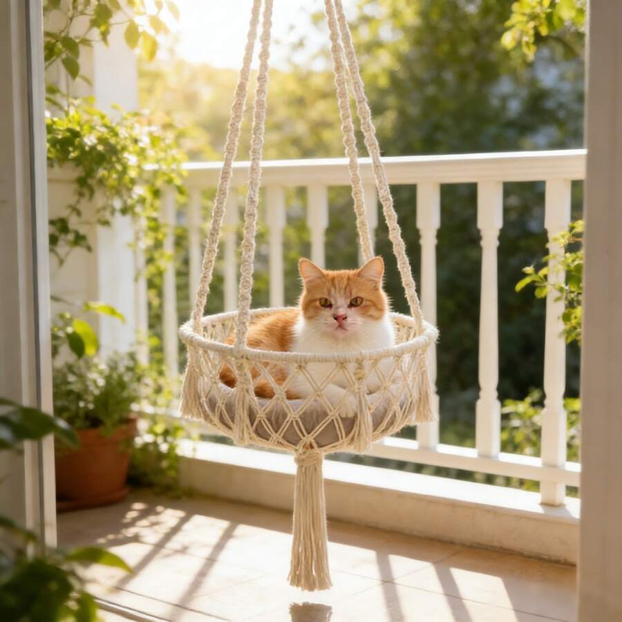 Beige handwoven macrame cat hammock featuring a geometric fiber art pattern hanging as a wall mounted swing bed for cats.