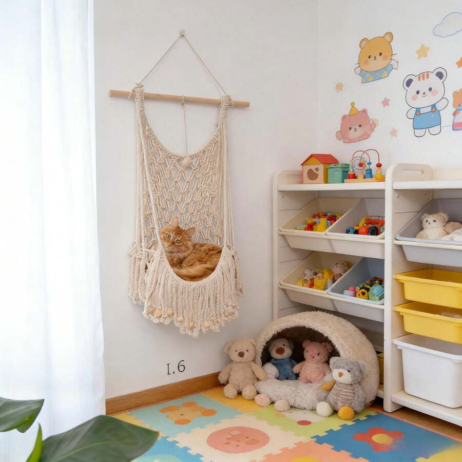 Beige handwoven macrame cat hammock featuring a geometric fiber art pattern hanging as a wall mounted swing bed for cats.