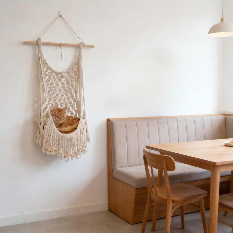 Beige handwoven macrame cat hammock featuring a geometric fiber art pattern hanging as a wall mounted swing bed for cats.