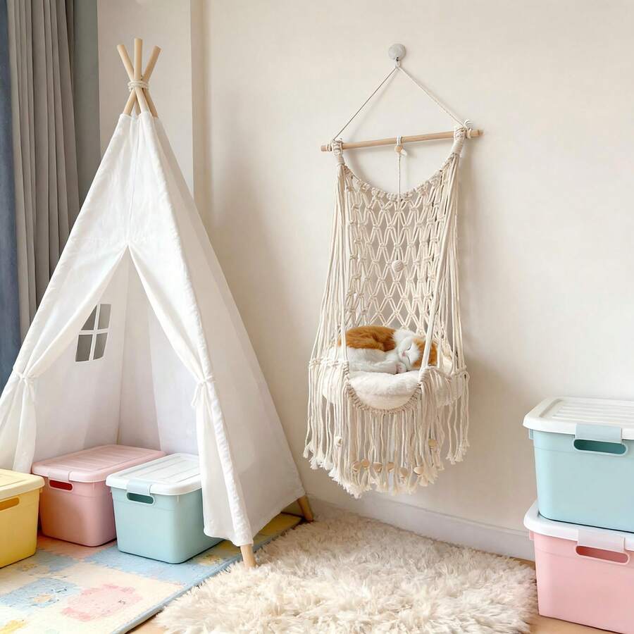Beige handwoven macrame cat hammock featuring a geometric fiber art pattern hanging as a wall mounted swing bed for cats.