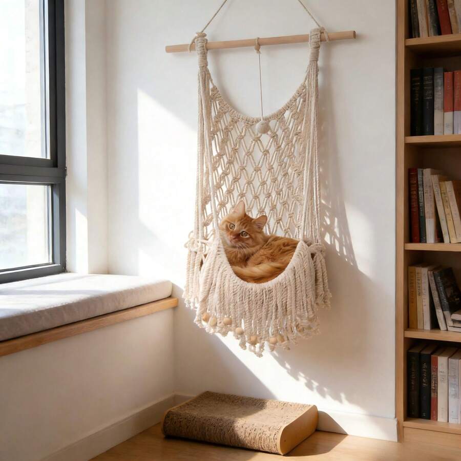Beige handwoven macrame cat hammock featuring a geometric fiber art pattern hanging as a wall mounted swing bed for cats.