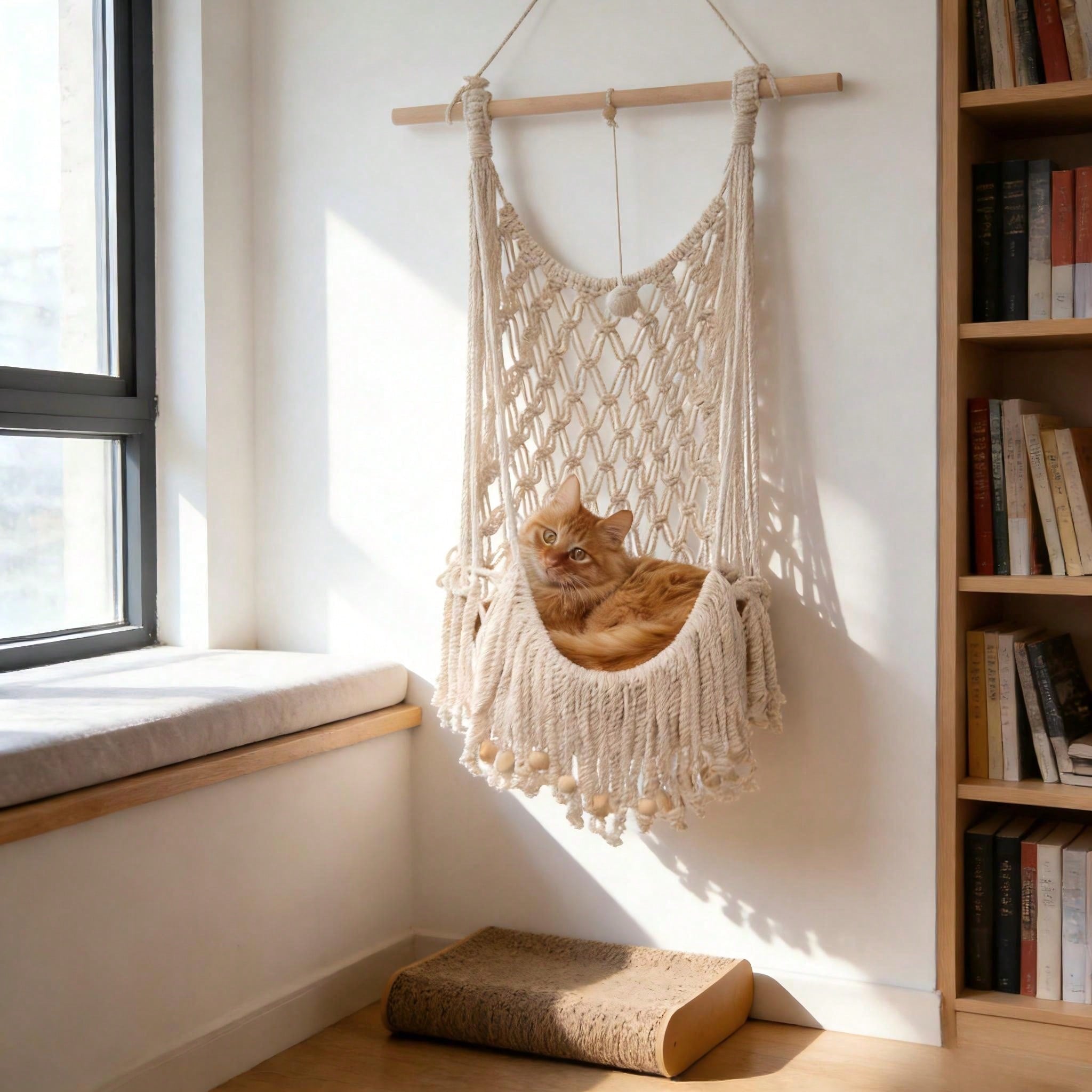Beige handwoven macrame cat hammock featuring a geometric fiber art pattern hanging as a wall mounted swing bed for cats.