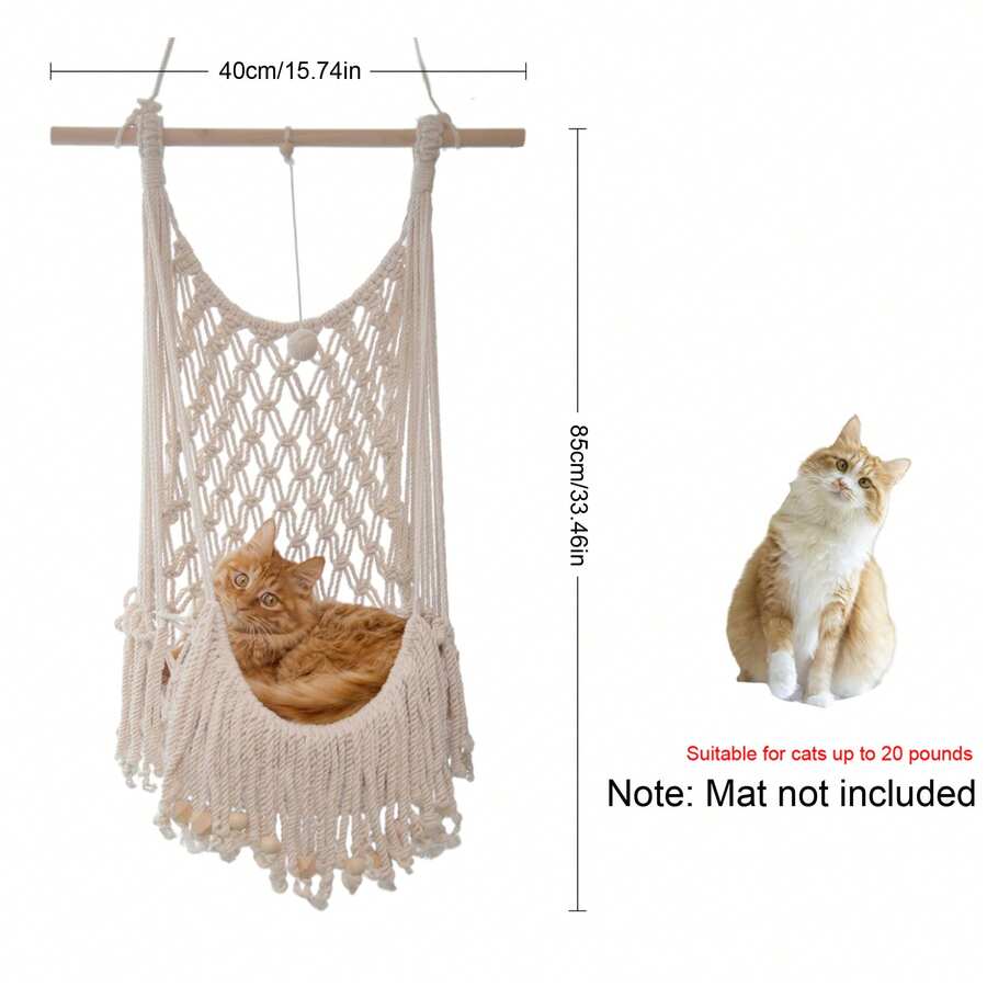 Beige handwoven macrame cat hammock featuring a geometric fiber art pattern hanging as a wall mounted swing bed for cats.