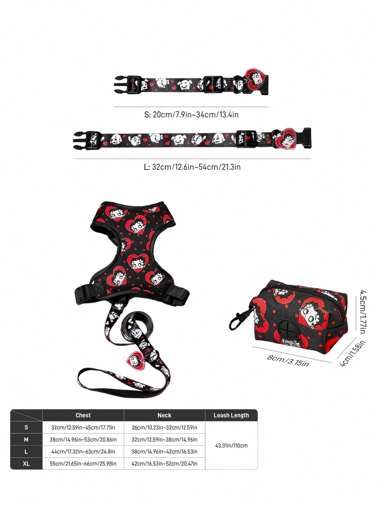 Multicolor cartoon pattern polyester pet harness and leash set with adjustable harness length for cats and dogs