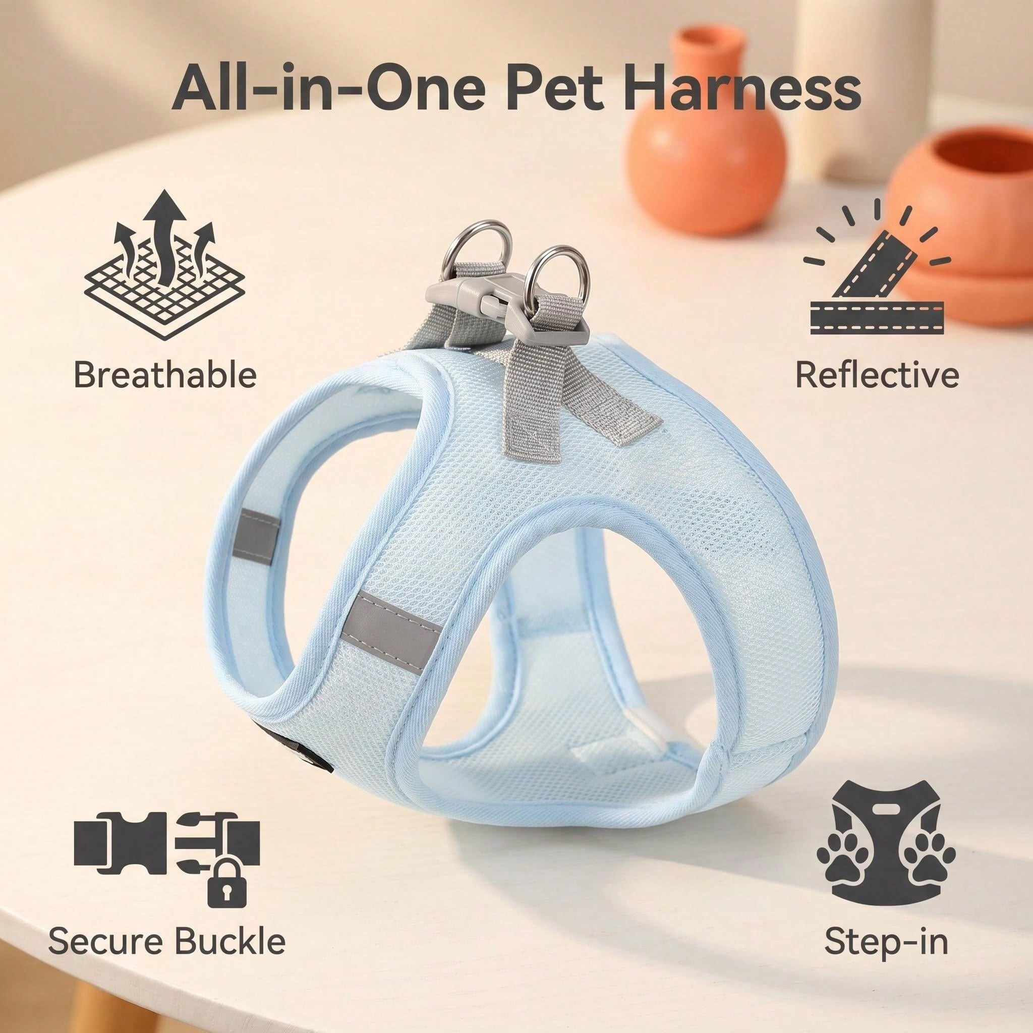 Colorblock reflective no-pull pet harness and 1.5m leash set for cats and small to medium dogs, featuring adjustable straps, breathable mesh, and anti-escape vest design.