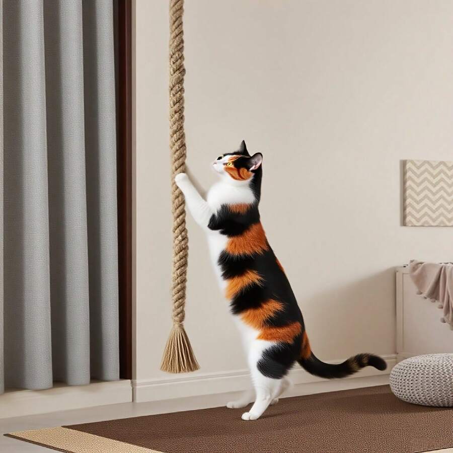 Multicolor wall-mounted solid wood and sisal rope cat climbing scratcher post.