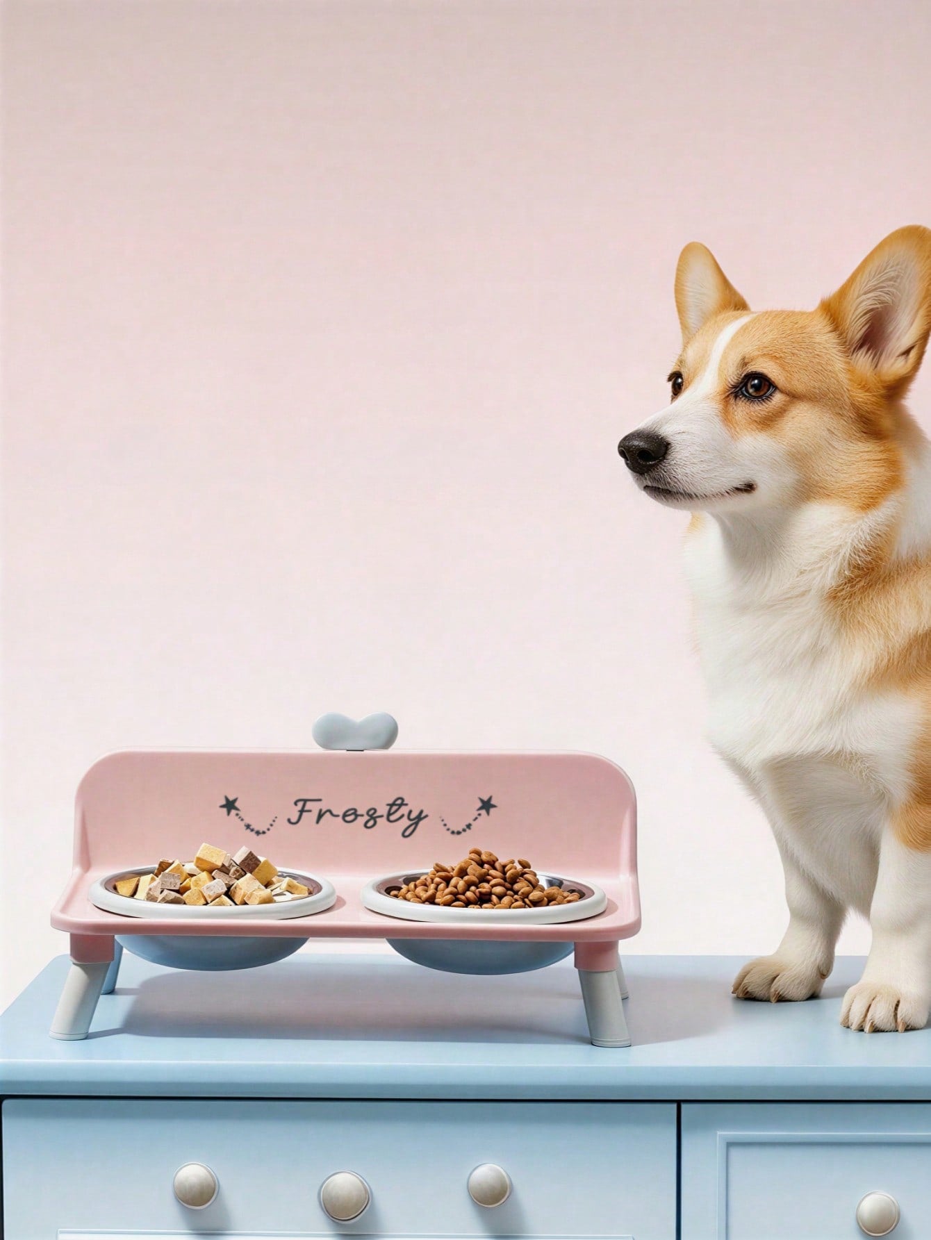 Customized Elevated Stainless Steel Plastic Dog Cat Bowl Set With Stand, Double Single Bowl Design, Small Dogs Cats, Heart Decor Splash Guard, Pet Feeder, Engraved Minimalist