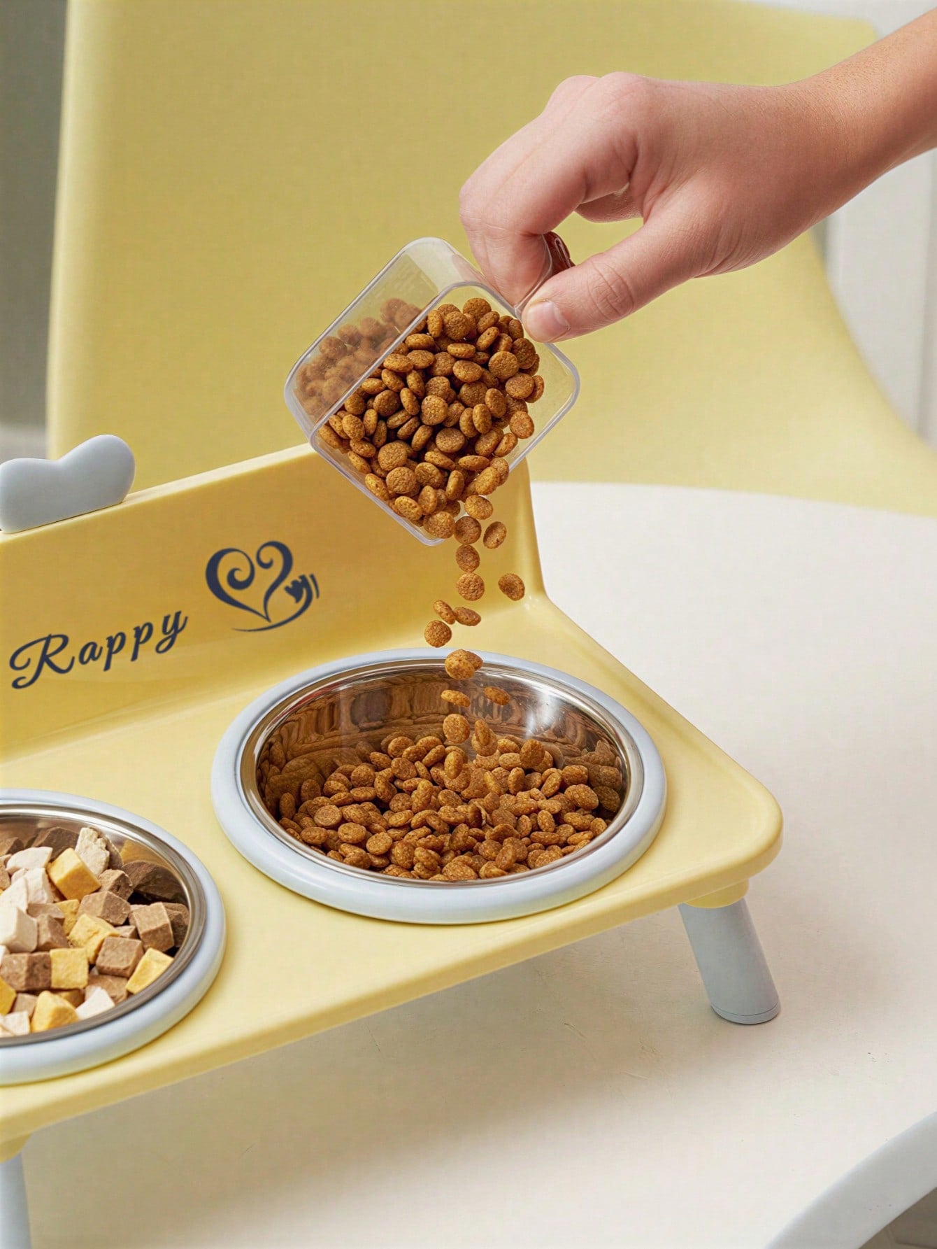 Customized Elevated Stainless Steel Plastic Dog Cat Bowl Set With Stand, Double Single Bowl Design, Small Dogs Cats, Heart Decor Splash Guard, Pet Feeder, Engraved Minimalist