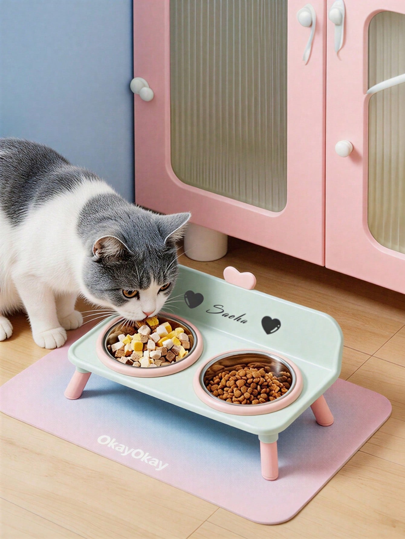 Customized Elevated Stainless Steel Plastic Dog Cat Bowl Set With Stand, Double Single Bowl Design, Small Dogs Cats, Heart Decor Splash Guard, Pet Feeder, Engraved Minimalist