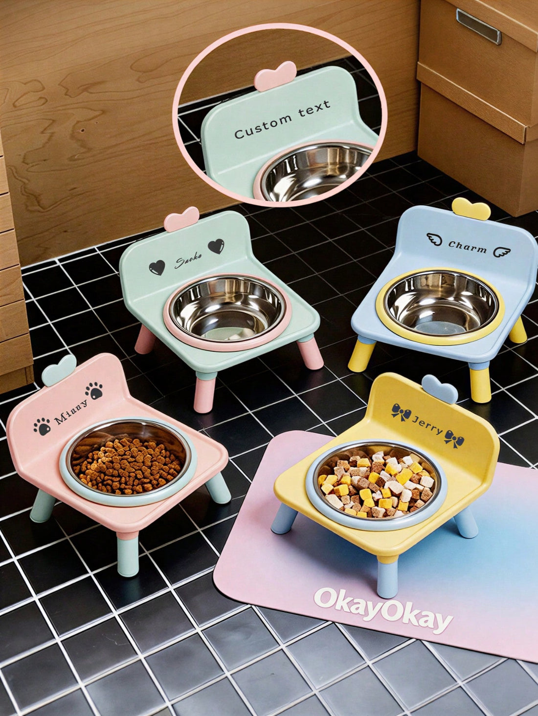 Customized Elevated Stainless Steel Plastic Dog Cat Bowl Set With Stand, Double Single Bowl Design, Small Dogs Cats, Heart Decor Splash Guard, Pet Feeder, Engraved Minimalist