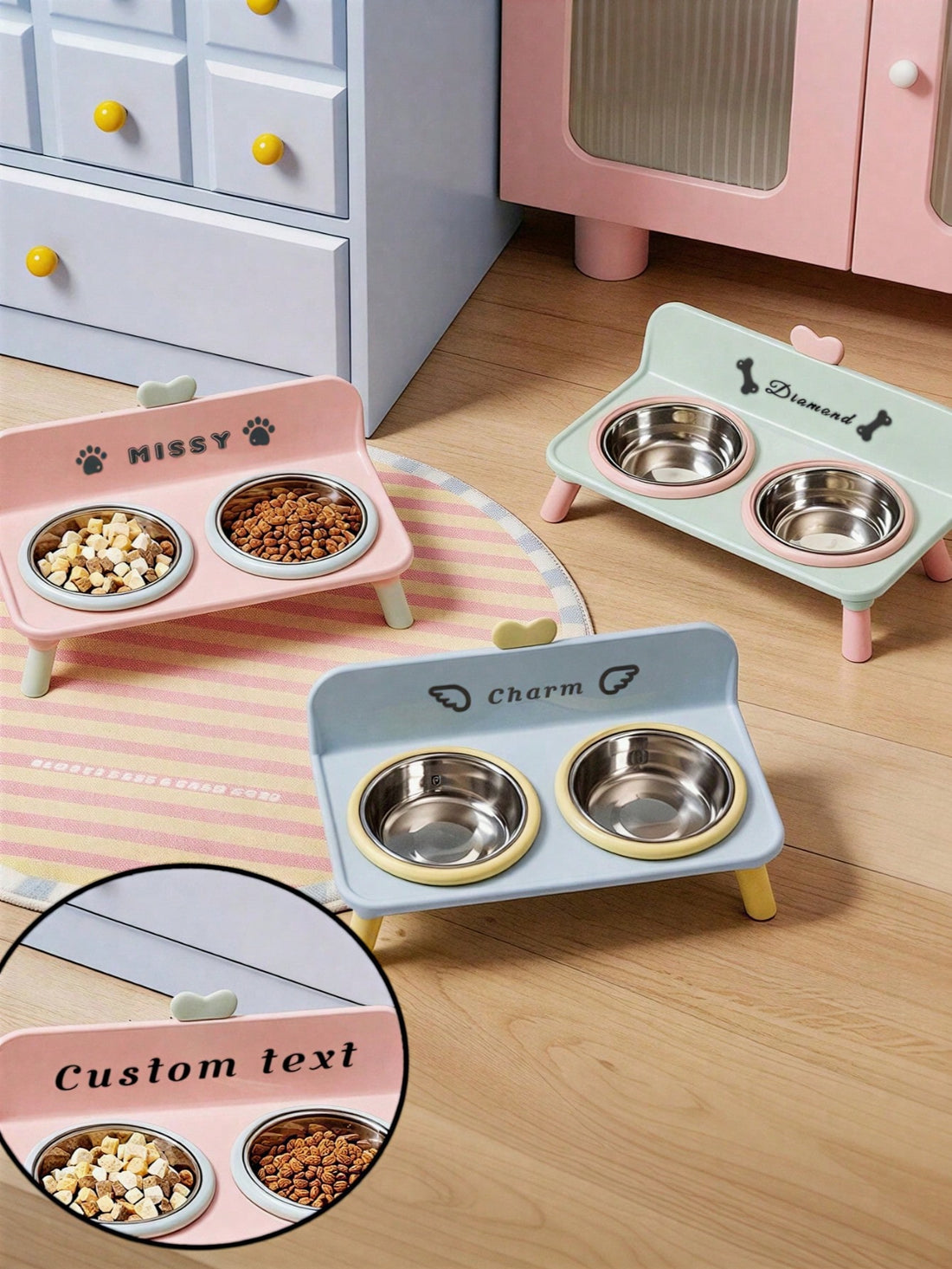 Customized Elevated Stainless Steel Plastic Dog Cat Bowl Set With Stand, Double Single Bowl Design, Small Dogs Cats, Heart Decor Splash Guard, Pet Feeder, Engraved Minimalist