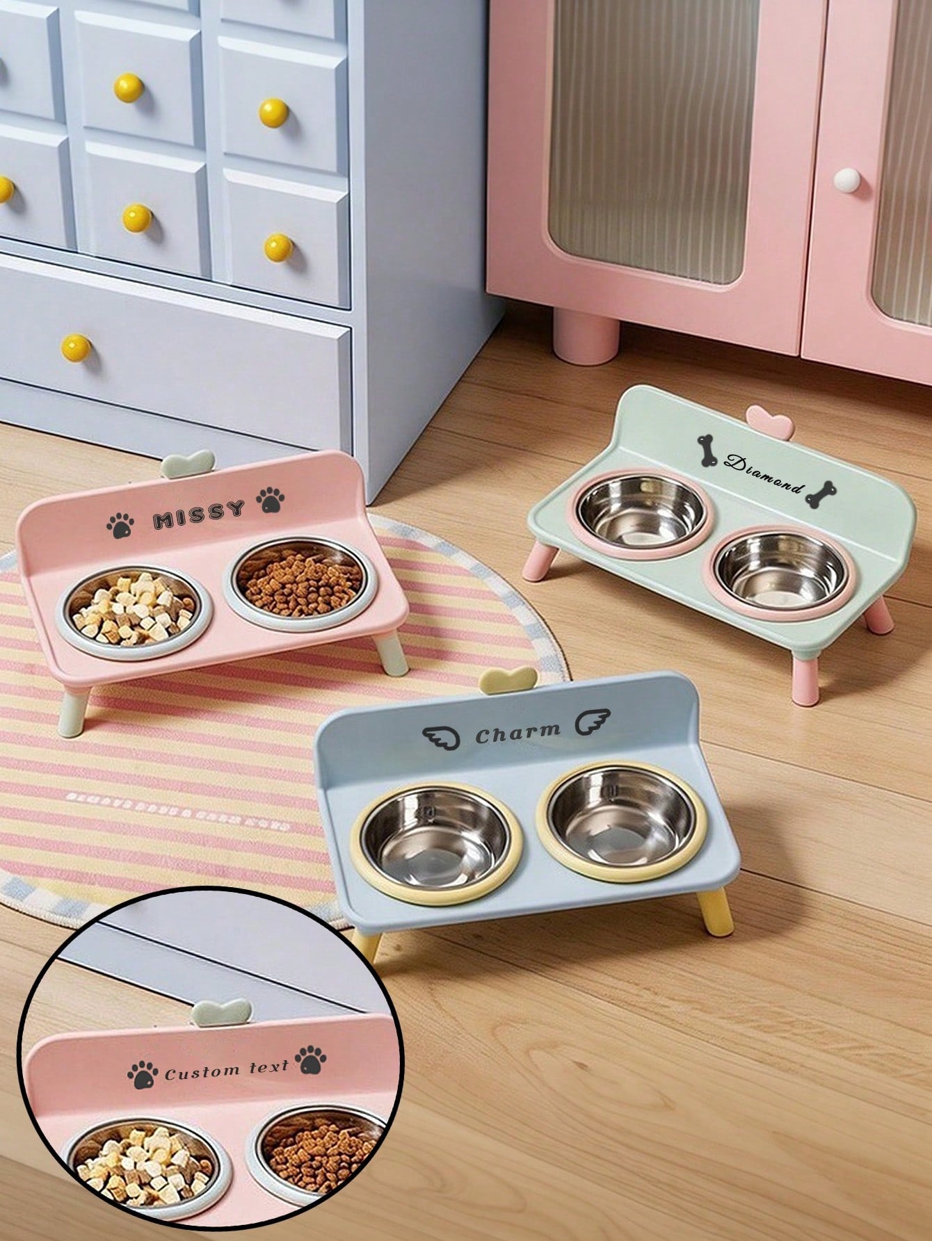 Customized Elevated Stainless Steel Plastic Dog Cat Bowl Set With Stand, Double Single Bowl Design, Small Dogs Cats, Heart Decor Splash Guard, Pet Feeder, Engraved Minimalist