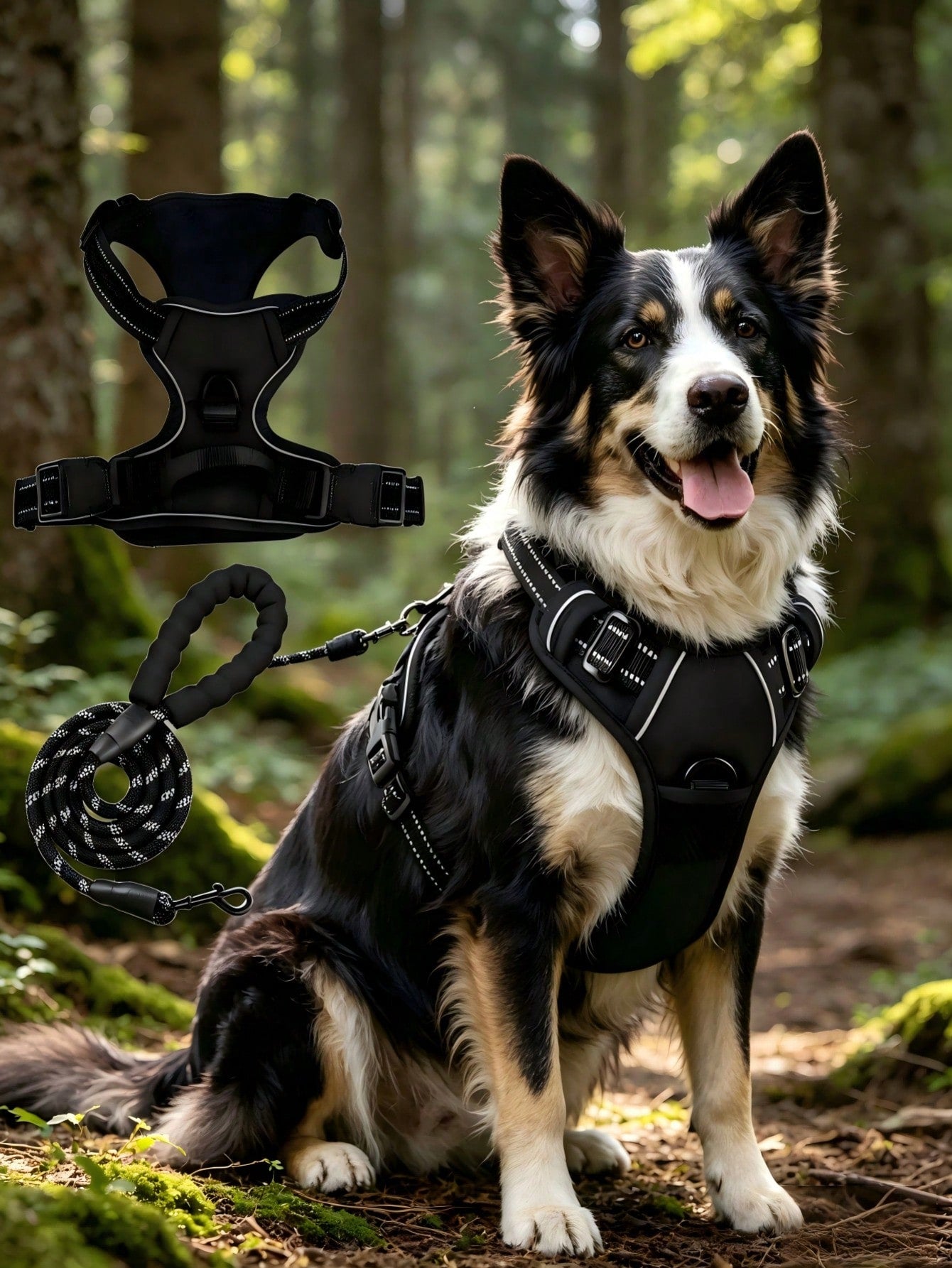 Reflective anti-pull dog harness and leash set with quick release buckle and comfortable thick handle for walking and training cats or dogs