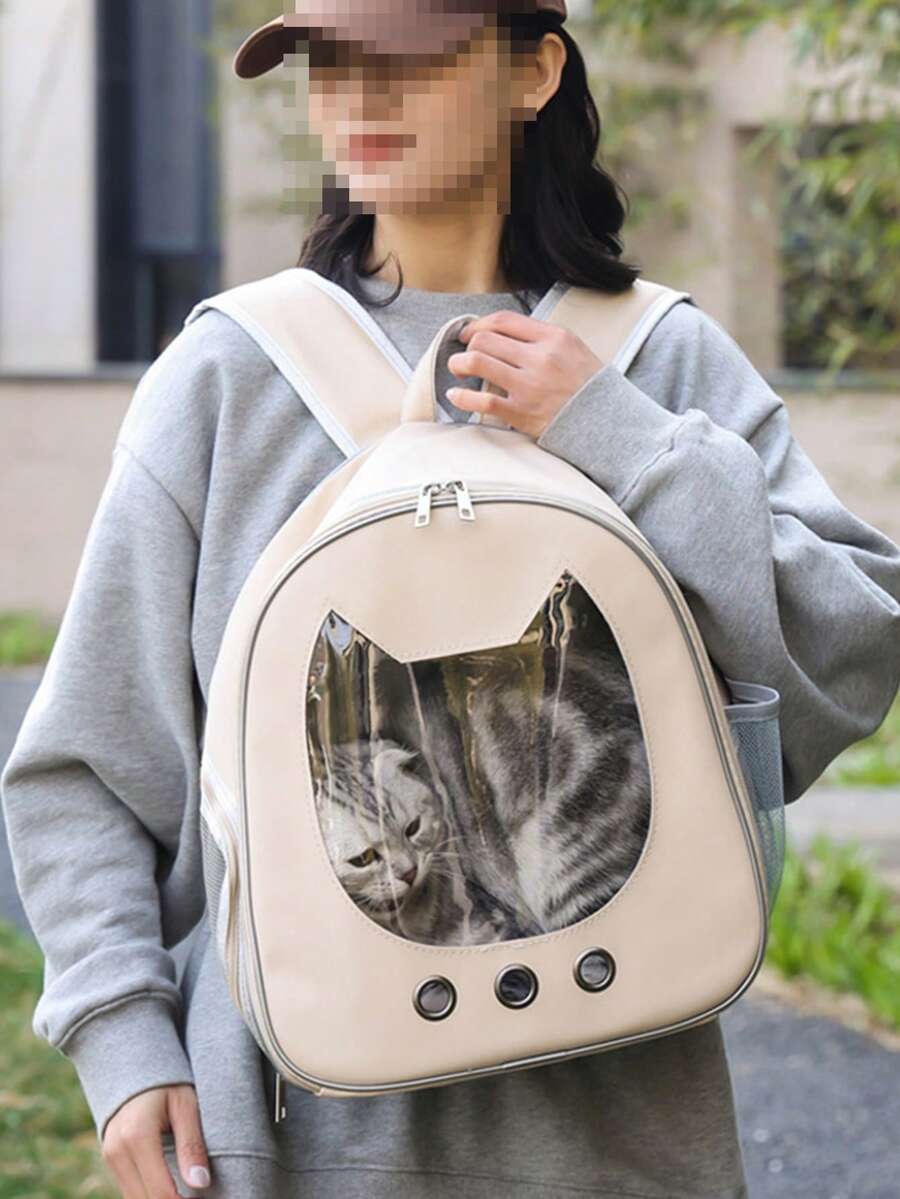 Multicolor double-shoulder cat backpack carrier made of PU material, designed for outdoor travel with cats and small dogs.