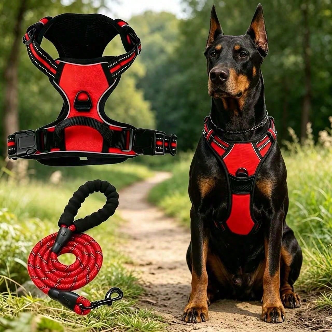 Reflective anti-pull dog harness and leash set with quick release buckle and comfortable thick handle for walking and training cats or dogs
