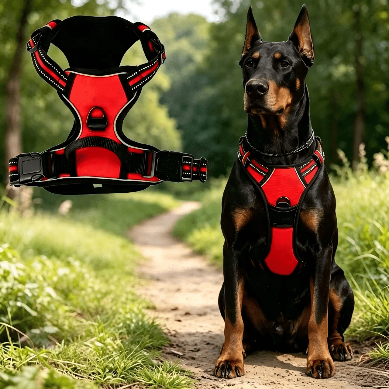 Reflective anti-pull dog harness and leash set with quick release buckle and comfortable thick handle for walking and training cats or dogs