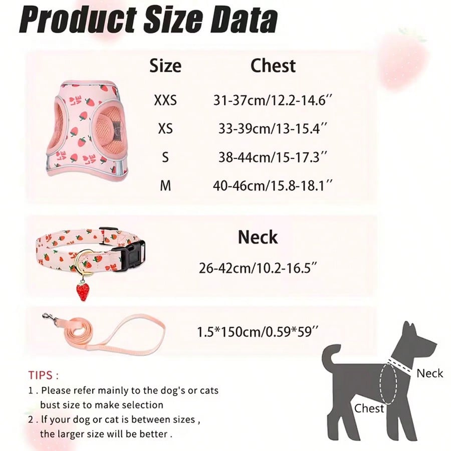 Multicolor polyester pet collar, leash, and chest strap harness set with strawberry fruit, geometric, and letter pattern for cats and dogs