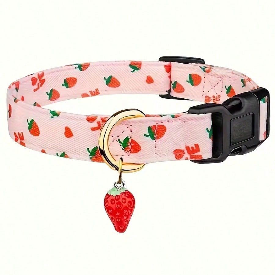 Multicolor polyester pet collar, leash, and chest strap harness set with strawberry fruit, geometric, and letter pattern for cats and dogs