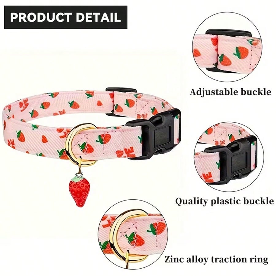 Multicolor polyester pet collar, leash, and chest strap harness set with strawberry fruit, geometric, and letter pattern for cats and dogs