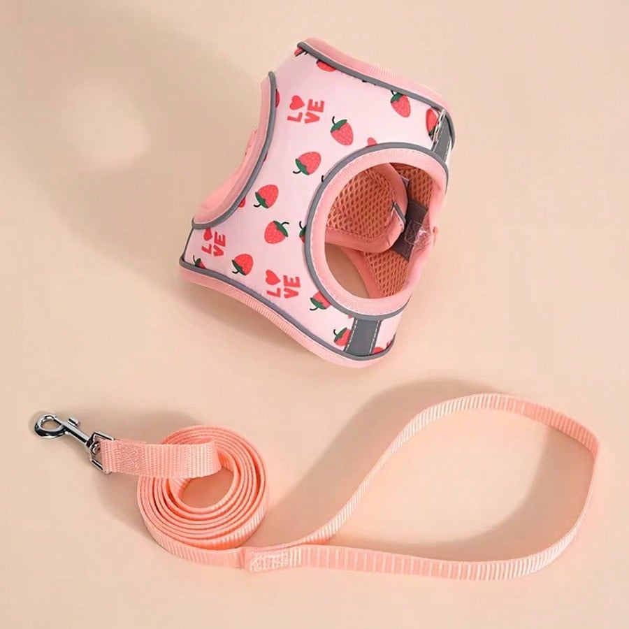 Multicolor polyester pet collar, leash, and chest strap harness set with strawberry fruit, geometric, and letter pattern for cats and dogs