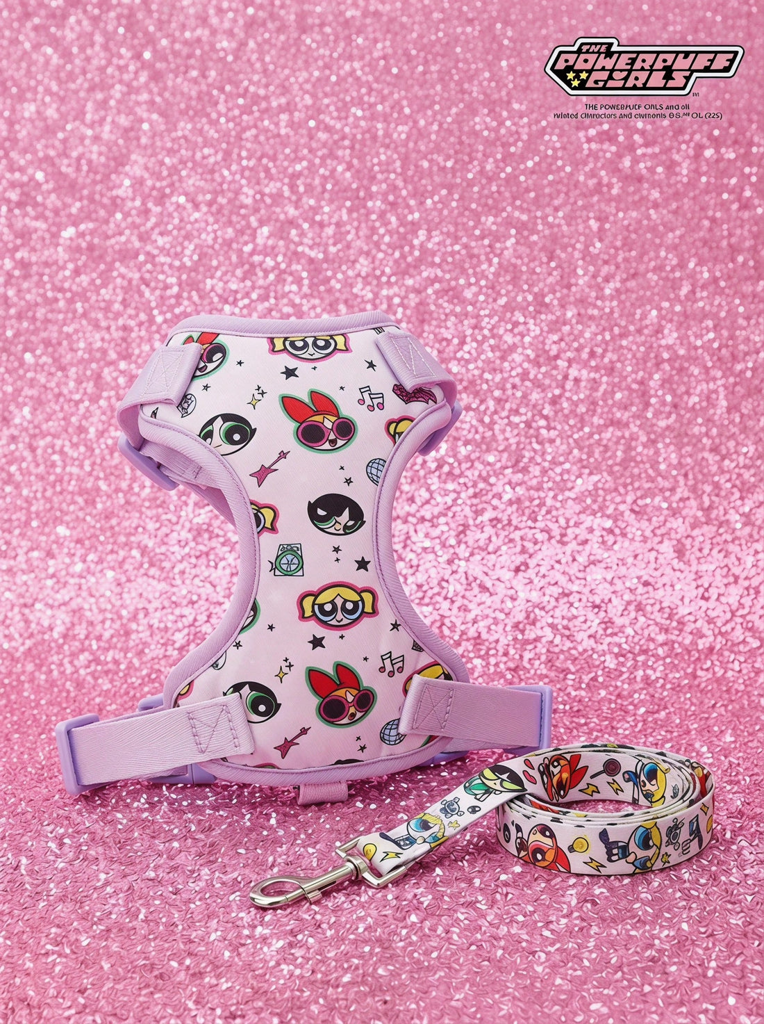 Mauve purple polyester dog harness with a cartoon pattern for everyday pet wear