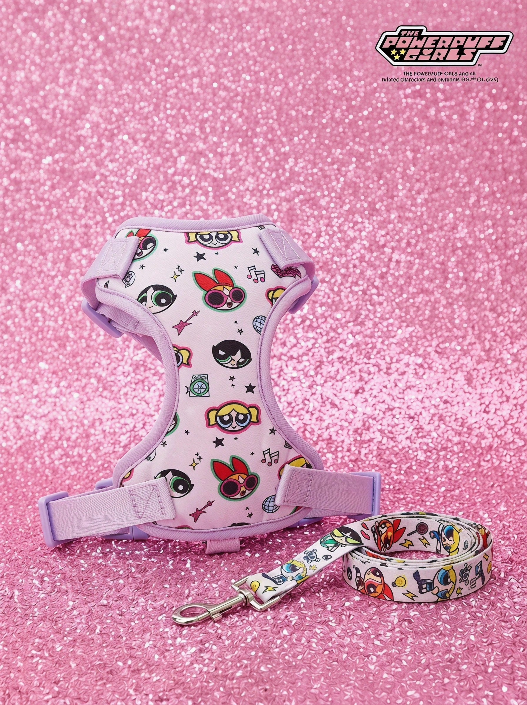 Mauve purple polyester dog harness with a cartoon pattern for everyday pet wear