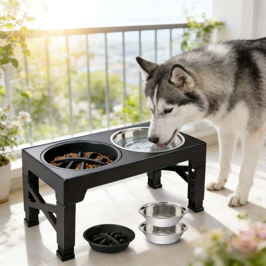 Adjustable height elevated dog bowl stand featuring 5 height settings, 2 stainless steel water bowls, and 1 slow feed bowl.