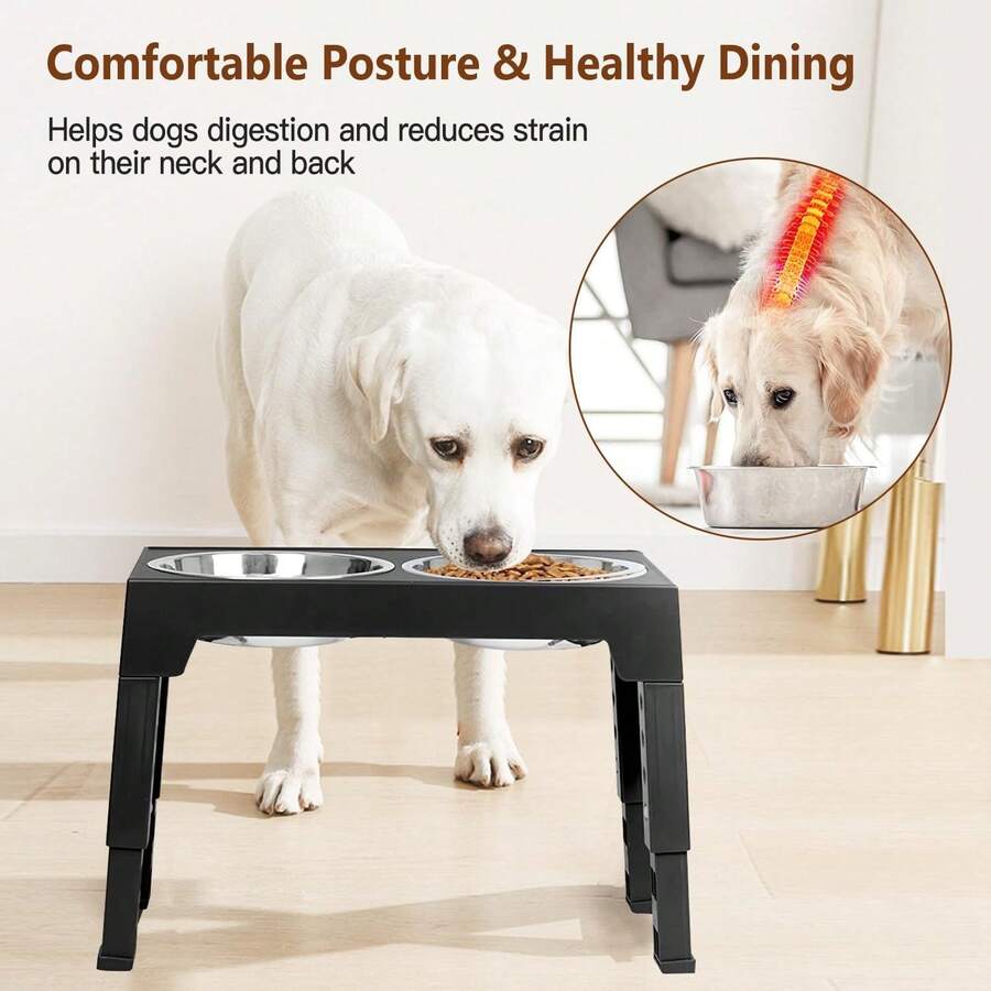 Adjustable height elevated dog bowl stand featuring 5 height settings, 2 stainless steel water bowls, and 1 slow feed bowl.