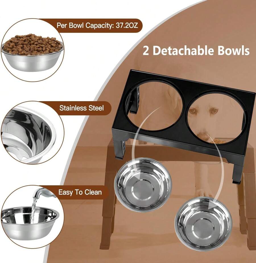Adjustable height elevated dog bowl stand featuring 5 height settings, 2 stainless steel water bowls, and 1 slow feed bowl.
