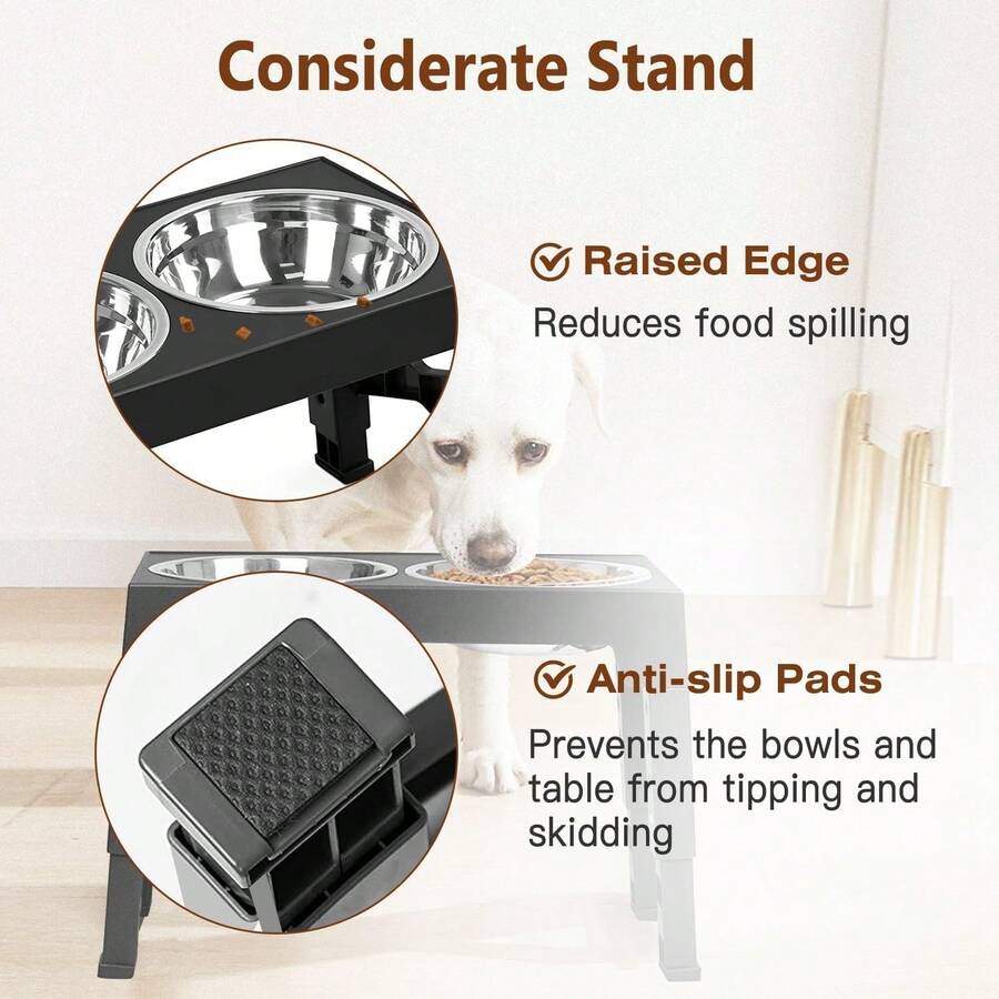 Adjustable height elevated dog bowl stand featuring 5 height settings, 2 stainless steel water bowls, and 1 slow feed bowl.