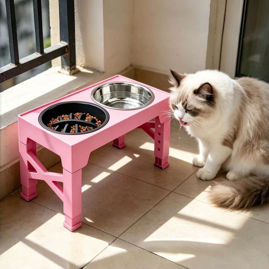 Adjustable height elevated dog bowl stand featuring 5 height settings, 2 stainless steel water bowls, and 1 slow feed bowl.
