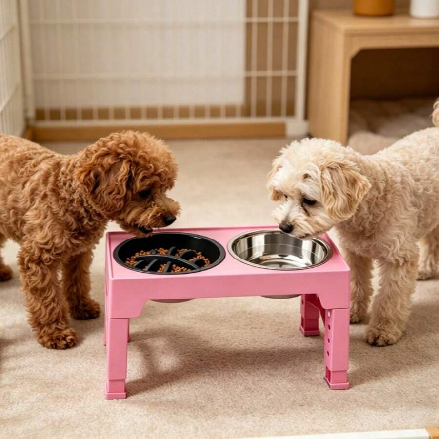 Adjustable height elevated dog bowl stand featuring 5 height settings, 2 stainless steel water bowls, and 1 slow feed bowl.