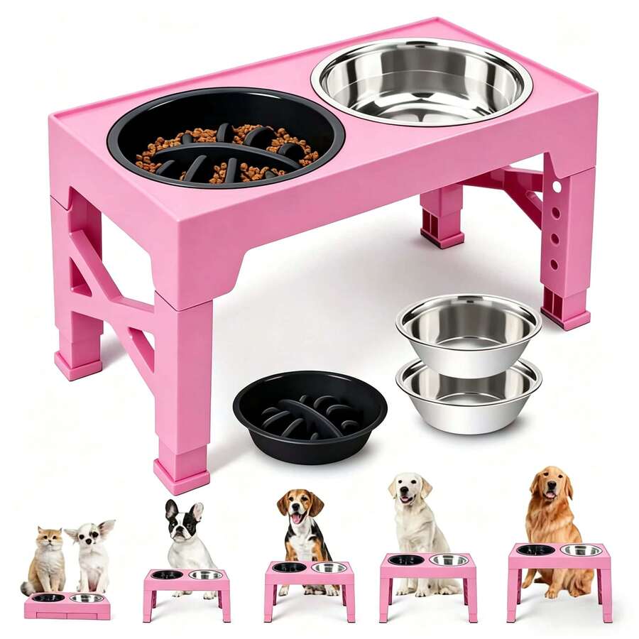 Adjustable height elevated dog bowl stand featuring 5 height settings, 2 stainless steel water bowls, and 1 slow feed bowl.