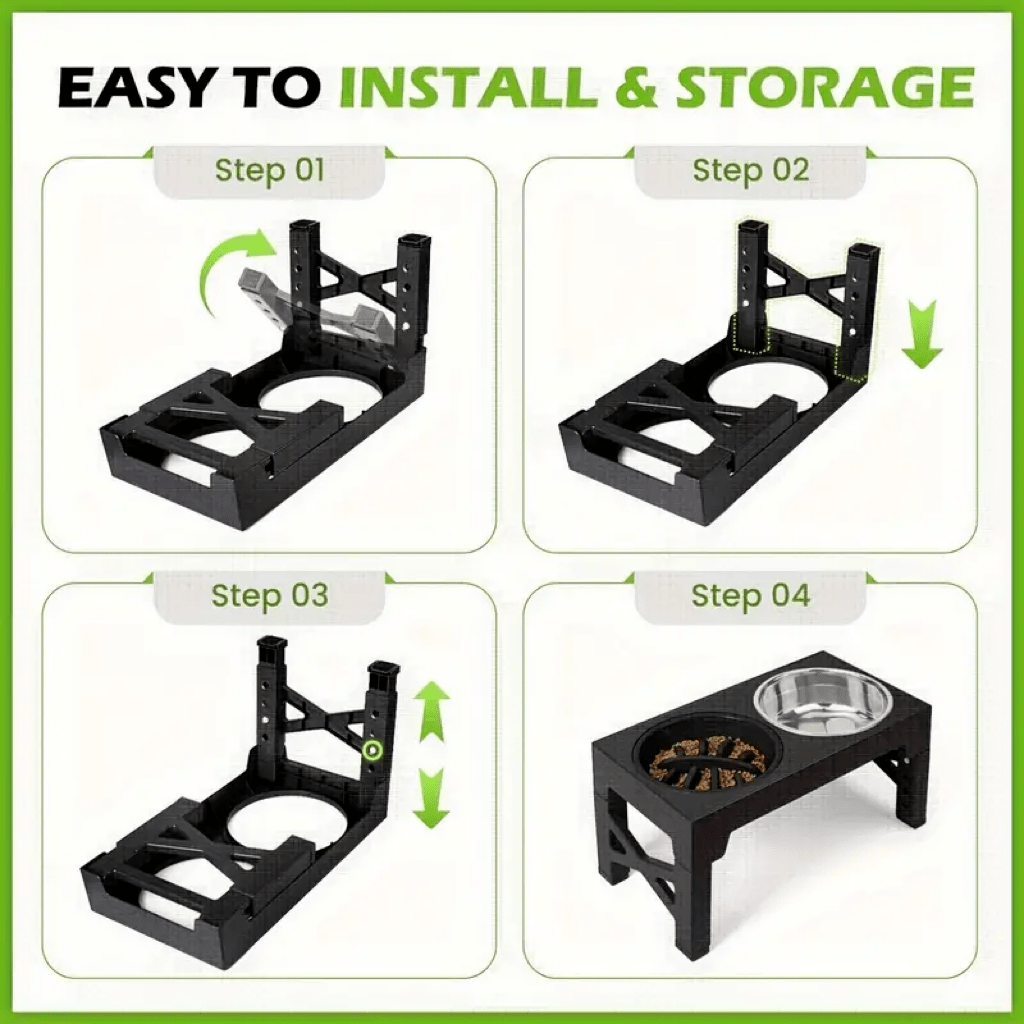 Adjustable height elevated dog bowl stand featuring 5 height settings, 2 stainless steel water bowls, and 1 slow feed bowl.