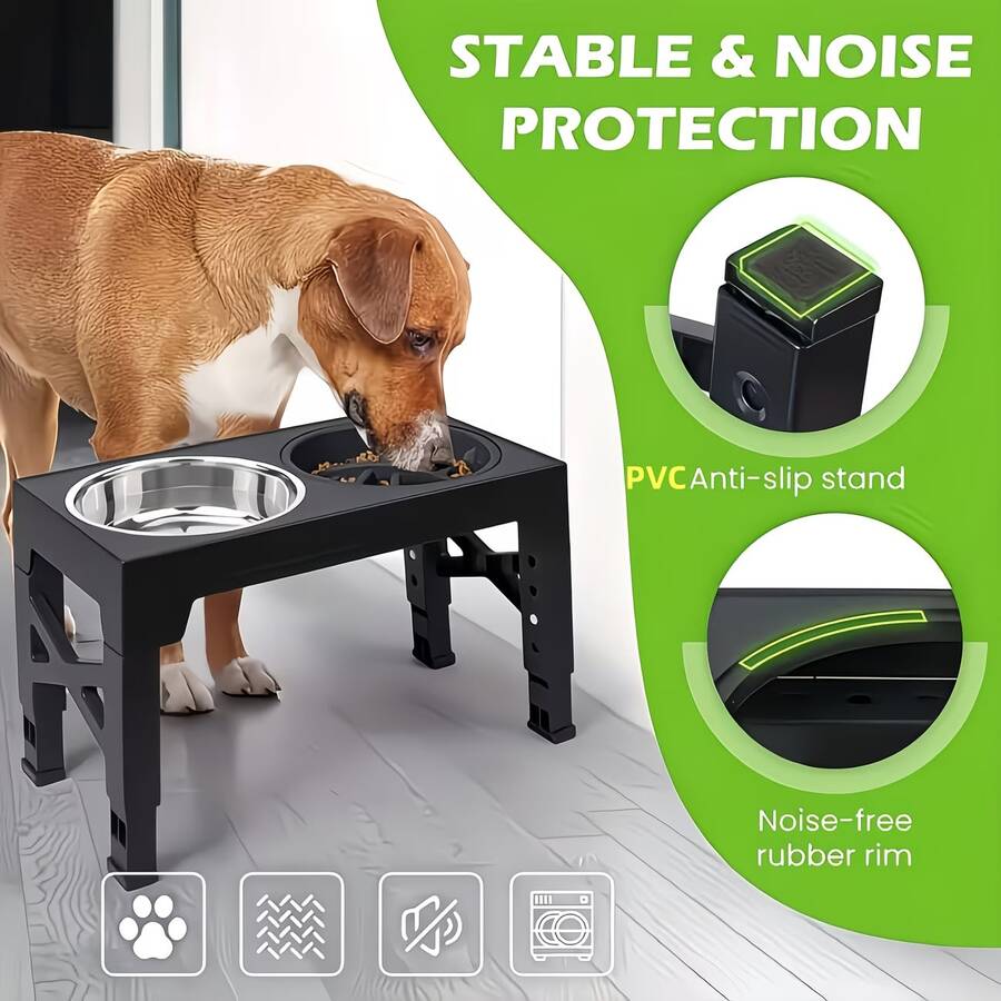 Adjustable height elevated dog bowl stand featuring 5 height settings, 2 stainless steel water bowls, and 1 slow feed bowl.