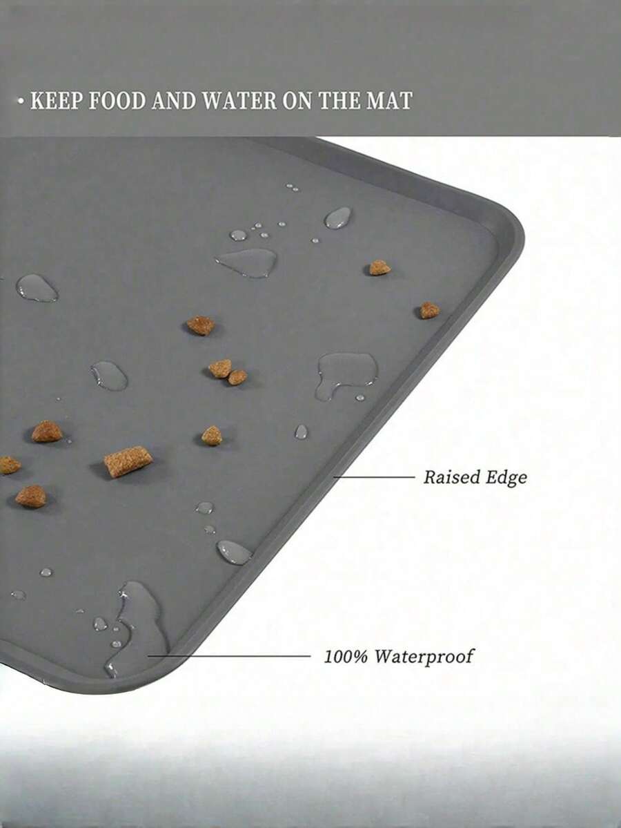 Rectangular solid color silicone pet food bowl mat with non-slip and waterproof surface for dog and cat feeding.
