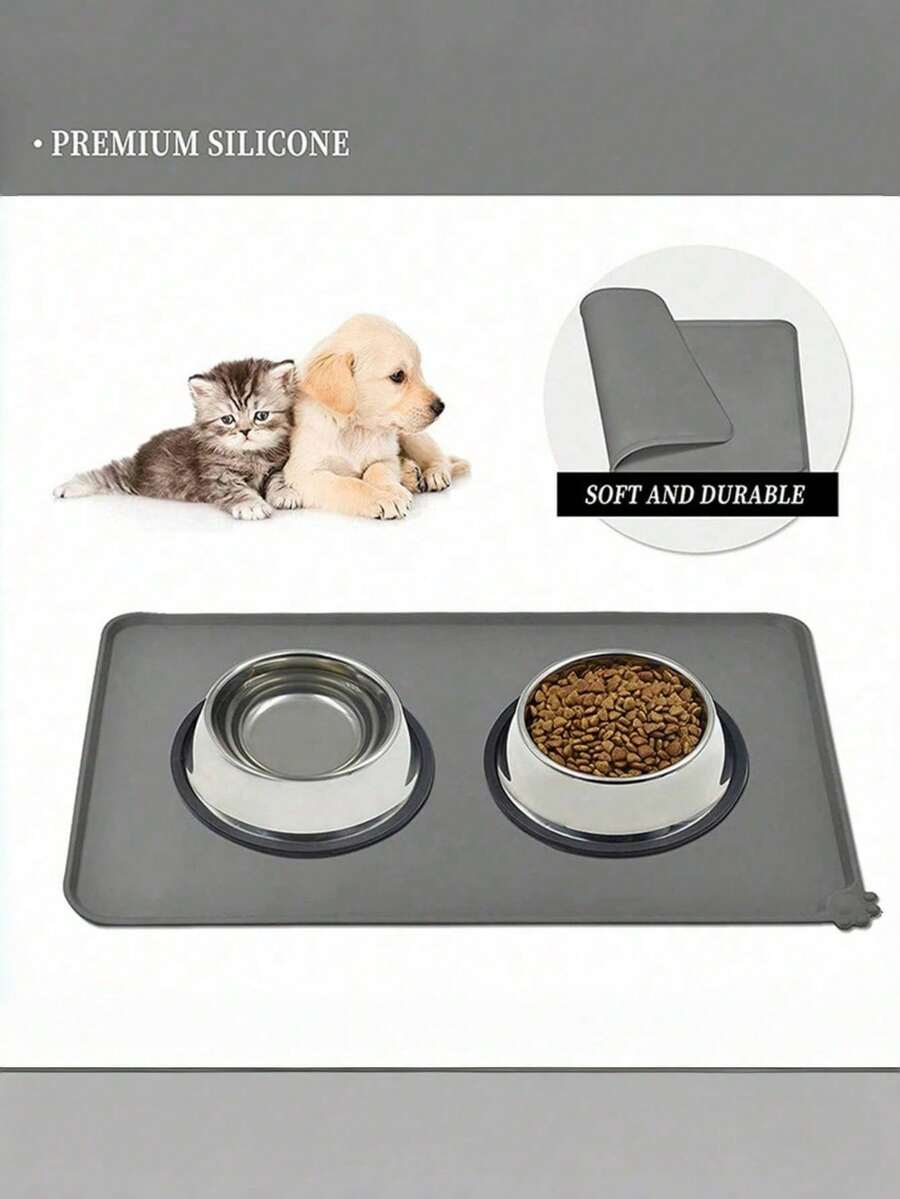 Rectangular solid color silicone pet food bowl mat with non-slip and waterproof surface for dog and cat feeding.